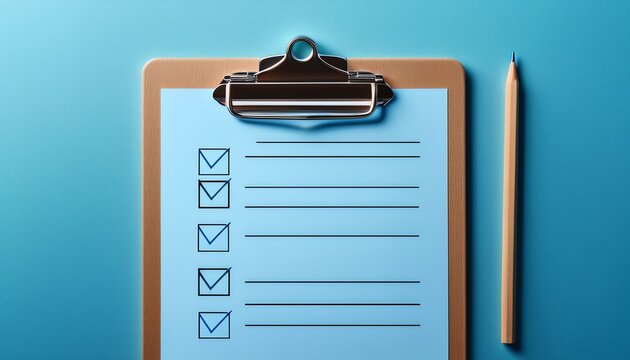 A clipboard with a checklist and pencil on a blue background, symbolizing organization and task management.