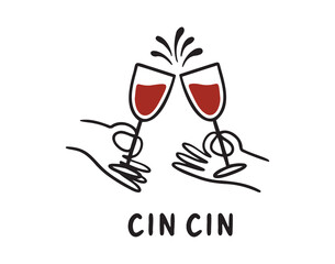 Hands holding wine glasses emblem cin cin lettering doodle hand drawn text.