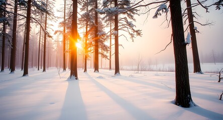 Sunlit Snow Forest with Long Shadows