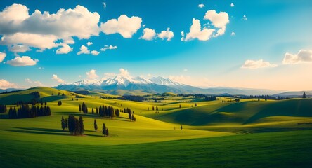 Obraz premium Rolling Green Hills Under a Vast Sky.