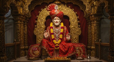 Fototapeta premium Hindu Deity Swaminarayan Sitting on Throne in Ornate Temple Setting