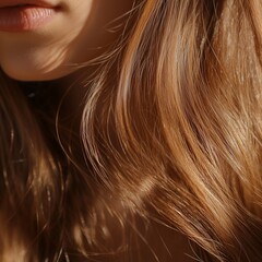 Naklejka premium Close-up of a woman with long, shiny blonde hair showcasing a natural, healthy hairstyle