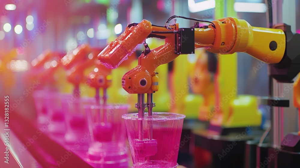 Poster a smart factory where 3d-printed robotic arms are deployed in assembly lines.