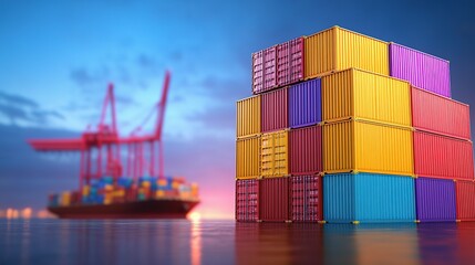 Obraz premium Stacked colorful shipping containers near a ship at sunset