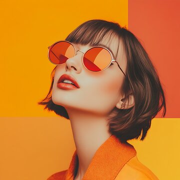 Stylish Woman Wearing Orange Glasses and Matching Top Against Colorful orange, red and yellow Background