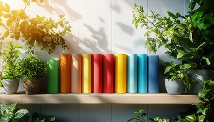 Colorful Books on Wooden Shelf Surrounded by Lush Green Plants