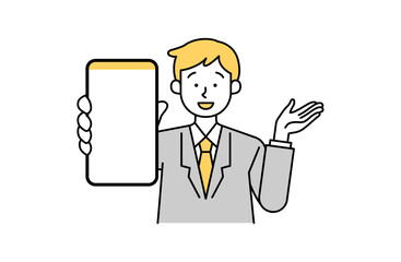 スマホの画面をこちらに向ける男性会社員のベクターイラスト サラリーマン スマートフォン スマートホン