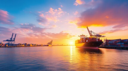 Obraz premium A large cargo ship at harbor during a brilliant sunset
