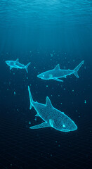 Fototapeta premium Digital Sharks: Underwater Ocean Data, AI Sharks, Deep Sea Tech, Virtual Reality Sea Life, Tech Fish, Cybersecurity Threats