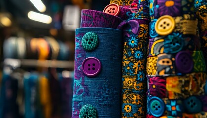 Colorful Fabric Rolls with Unique Buttons in Textile Store Display