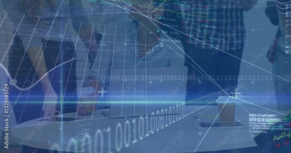 Poster financial data and binary code animation over people working in office