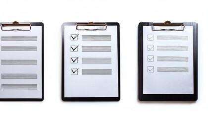 Three clipboards with checklists and blank lines, symbolizing organization, tasks, and productivity in various contexts.