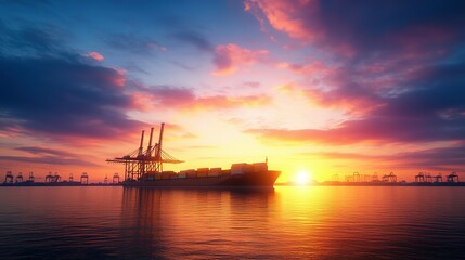 Obraz premium A cargo ship at a port during a sunset