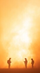 Fototapeta premium Silhouetted figures stand before a bright, fiery backdrop, evoking a dramatic and intense atmosphere.