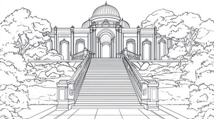 Architectural sketch, grand palace, lush gardens, drawing, illustration, use for design, book cover, or poster
