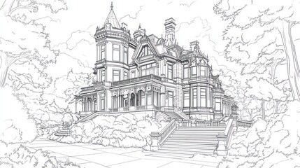 Obraz premium Sketch of historic mansion in a park. Possible use Architecture, design, historical