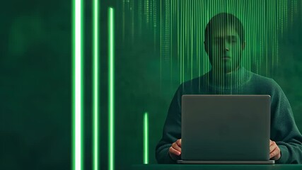 Coding Professional Typing on Laptop with Floating Binary Numbers in Green Digital Matrix Style, Technology Concept for Modern Software Development and Cybersecurity - Powered by Adobe