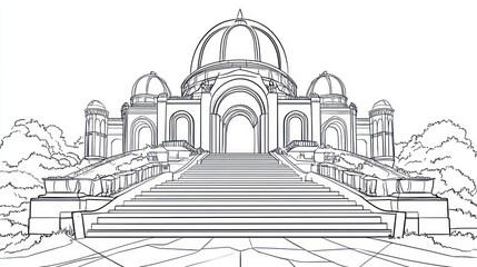 Architectural Drawing of a Palace with Grand Staircase