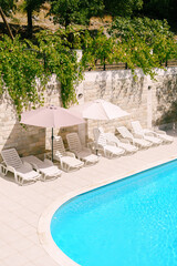 White sun loungers stand under parasols on an oval poolside in a green garden