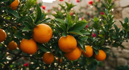 Orange Tree Branch with Ripe Fruits and Green Leaves in Garden