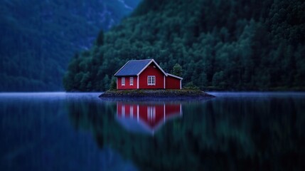 Obraz premium Red cabin on a serene island reflecting in still water, surrounded by lush forest and mountains