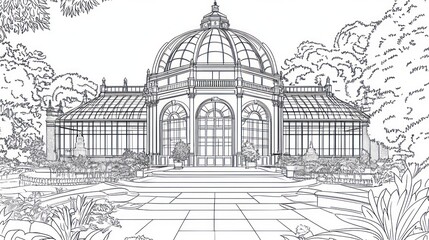 Elegant glasshouse drawing, garden, architecture, detailed sketch.  Possible use educational or artistic material