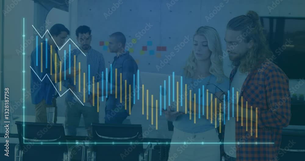 Poster collaborating in office, business team analyzing data with animation graph overlay