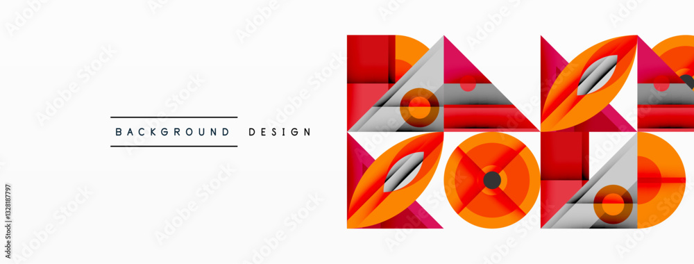 Poster Geometric abstract composition with intersecting shapes, circles, triangles, and gradients, blending vibrant colors and dynamic contrasts to create a modern, futuristic visual design