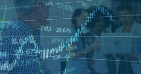 In office, diverse business people discussing financial data charts with animation overlay - Powered by Adobe