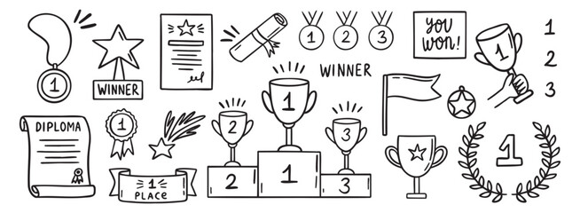 awards winner doodle hand drawn icon set. Outline drawing prizes and success items line clipart symbol collection. winner cups and medals.