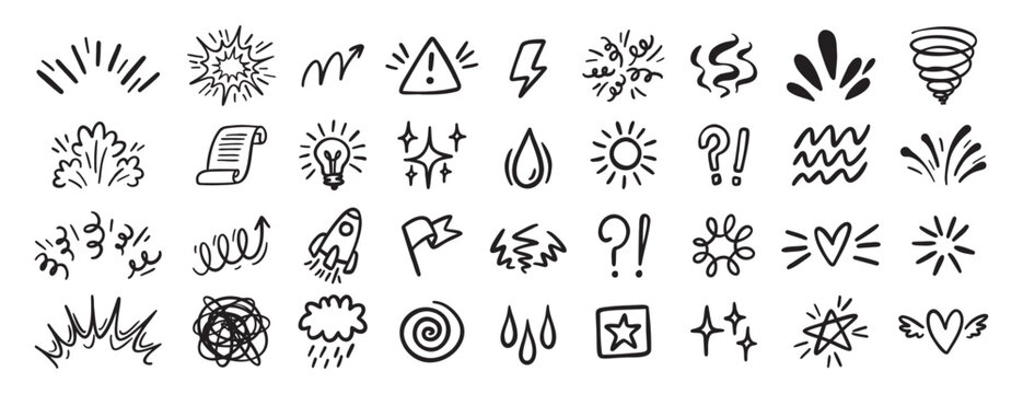 Comic effect icon set, manga doodle elements collection. Retro anime movement, exclamation and emphasis expressions. Doodle emotion of character in comic style