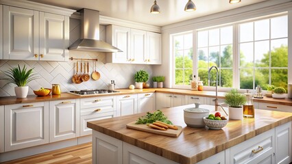 Fototapeta premium Modern Kitchen Interior: Marble Countertop, White Cabinets, Wooden Accents, Natural Light - Tilt-Shift Photography