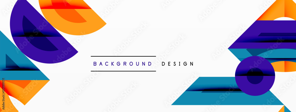 Poster Abstract geometric background with shapes, featuring circular and rounded elements. Bold contrast, smooth gradients, dynamic composition, futuristic style