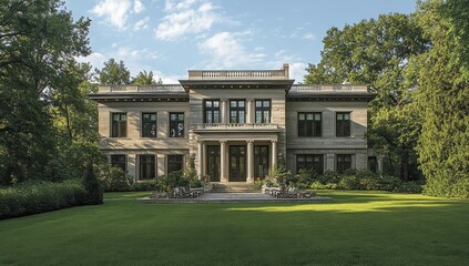 Fototapeta premium Elegant Historic Mansion with Lush Green Lawn Surrounded by Trees and Flowering Gardens Under a Clear Blue Sky in Daylight