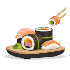 Colorful 2D Flat Cartoon Sushi Clip Art Bundle - Transparent PNG, Japanese Food Illustrations
