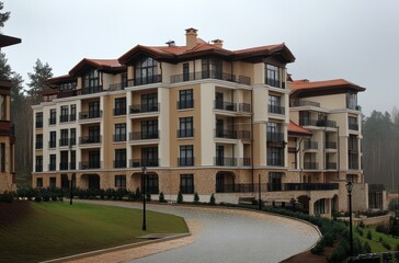 Naklejka premium Elegant modern apartment building in a serene environment surrounded by lush greenery and mist, showcasing contemporary architecture and luxurious design features