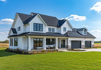 Elegant modern farmhouse design with black roof and white siding, featuring spacious porch and lush green lawn under a bright blue sky