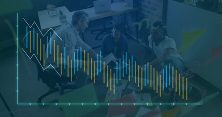 Collaborating in office, business team analyzing financial data with animation overlay - Powered by Adobe