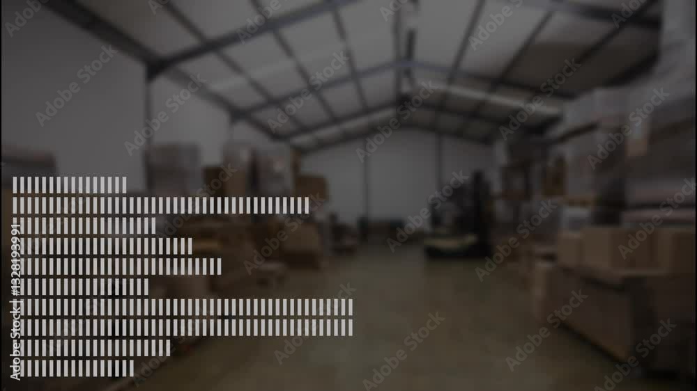 Poster warehouse interior with stacked boxes and data processing animation overlay