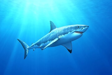 Obraz premium Great White Shark Swimming Underwater in Blue Ocean with Sun Rays