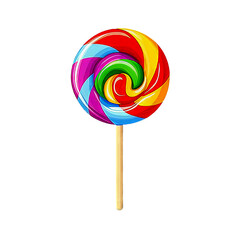 Colorful Swirled Lollipop on Wooden Stick Isolated on Transparent Background