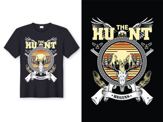 hunting t-shirt design with text The Hunt Begins at Dawn 
