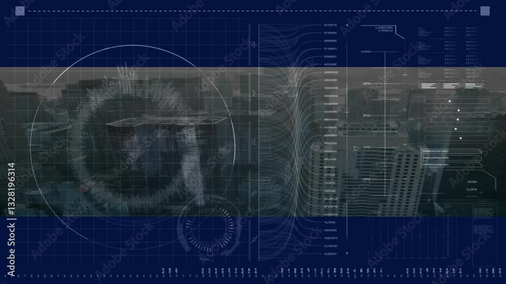 Poster analyzing data with animation, futuristic digital interface over cityscape backdrop