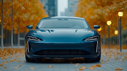 Sleek Teal Blue Sports Car on Autumn City Street