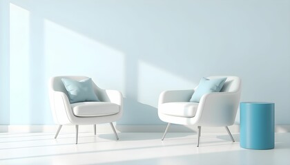 Minimalist living room, soft pastel blue walls, two white modern armchairs, light gray cushions, bright natural lighting, clean aesthetic, turquoise side table, shadows on wall, hardwood floors