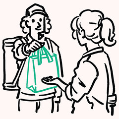 A woman receiving a shopping bag from delivery man