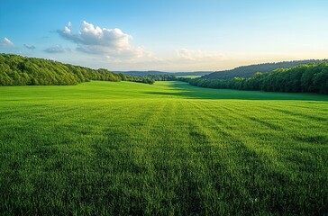 Obraz premium Expansive Green Field Under Clear Blue Sky Surrounded by Lush Trees with Gentle Rolling Hills in the Distance at Sunset