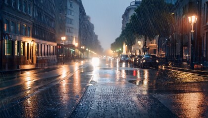 Obraz premium 豪雨の都市 — 雨に濡れる街並み