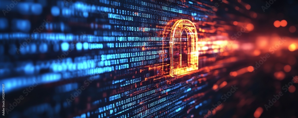 Poster digital lock symbol with binary code flowing in 3d, data security concept, white background