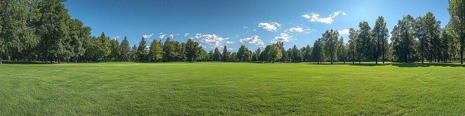 Expansive Green Meadow Surrounded by Lush Trees and Clear Blue Sky Perfect for Outdoor Activities and Relaxation in Nature's Beauty